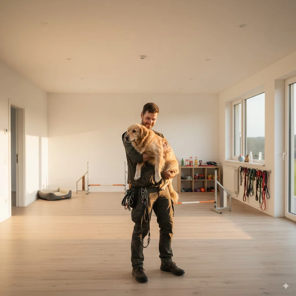 A dog with a man in his arms.