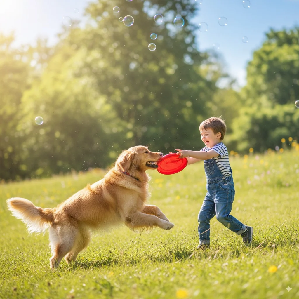 A dog playing with a child in Florida.