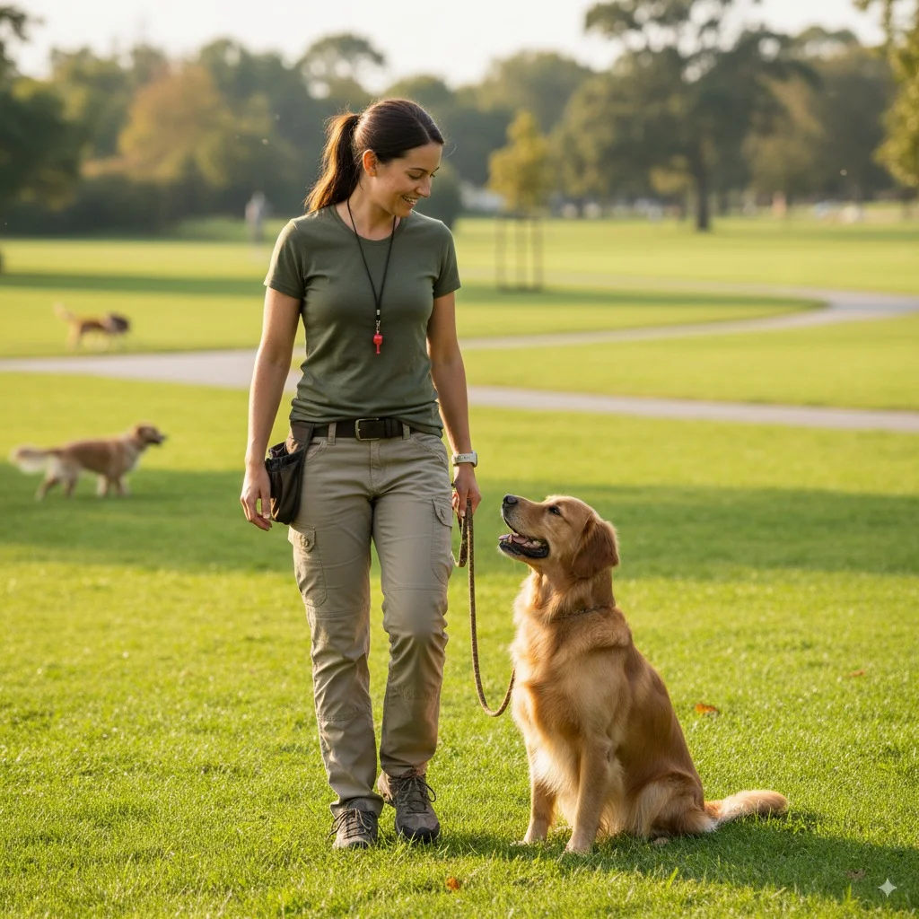 A women with dog standing in garden in Florida.